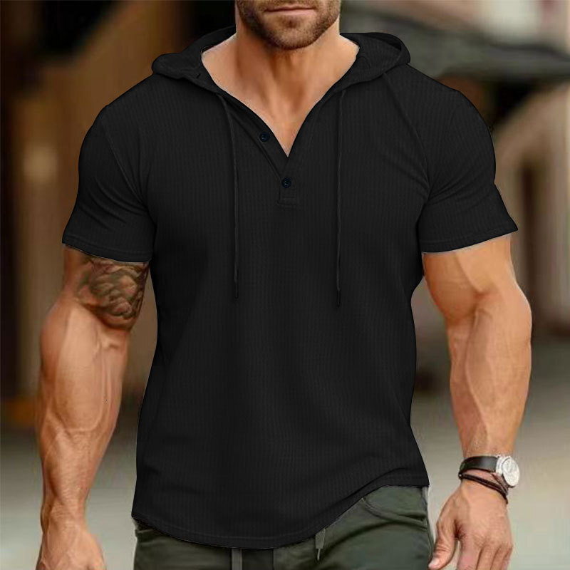 2025 New Summer Mens Short sleeved T-shirt Mens Hooded Top American Henry Shirt