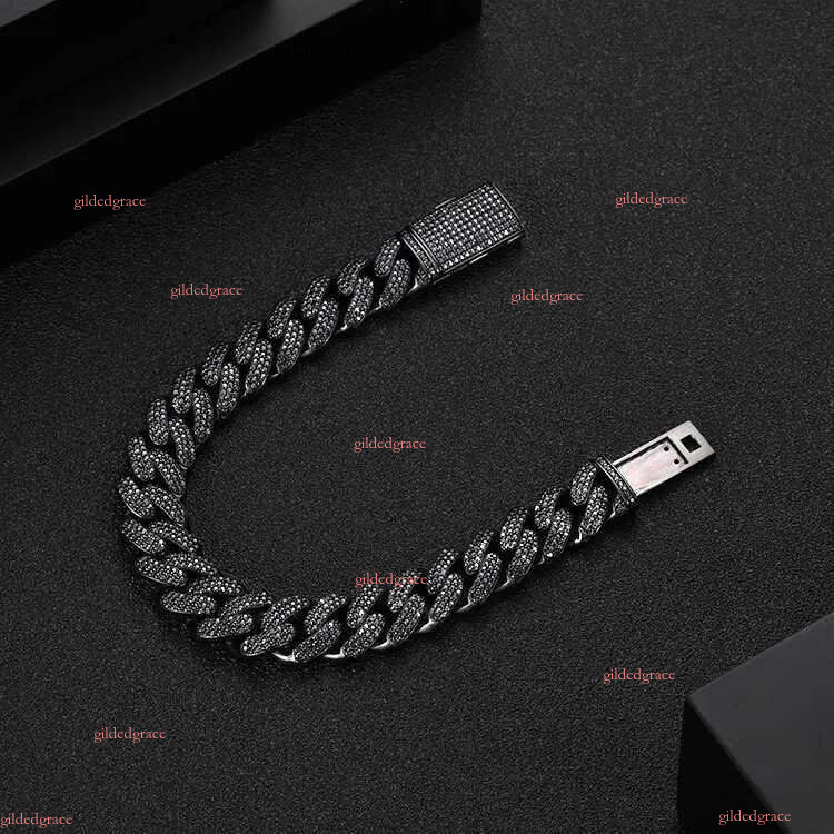 Prong Settg 12mm Miami Bracelet 3 Rows Black Gold Men Moissanite Cuban k Chain in Sier