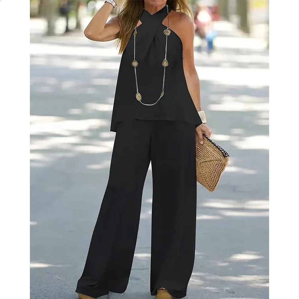 Womens two-piece strapless V-neck top and high waisted pants set casual womens loose suit 250410