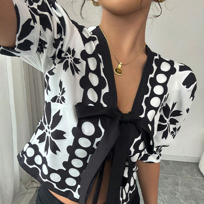 Half sleeve shirt 2025 summer new style French patterned lantern sleeve cardigan womens clothing