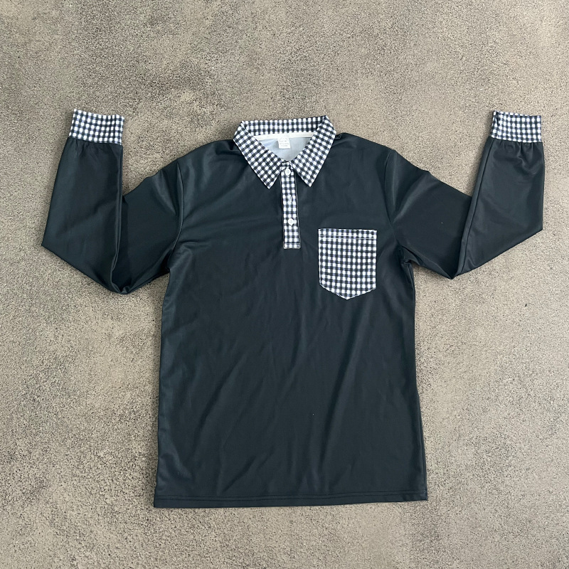 2025 digital printed lapel button long sleeved polo shirt with grid splicing autumn and winter new T-shirt