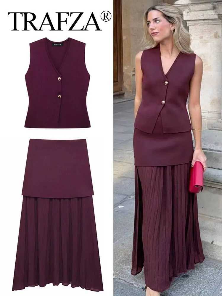 TRZA Womens 2-piece V-neck Non Velvet Button Knitted Tank Top+Ele Splicing High Waist Zipper Long Ski Resort SetXJ250414