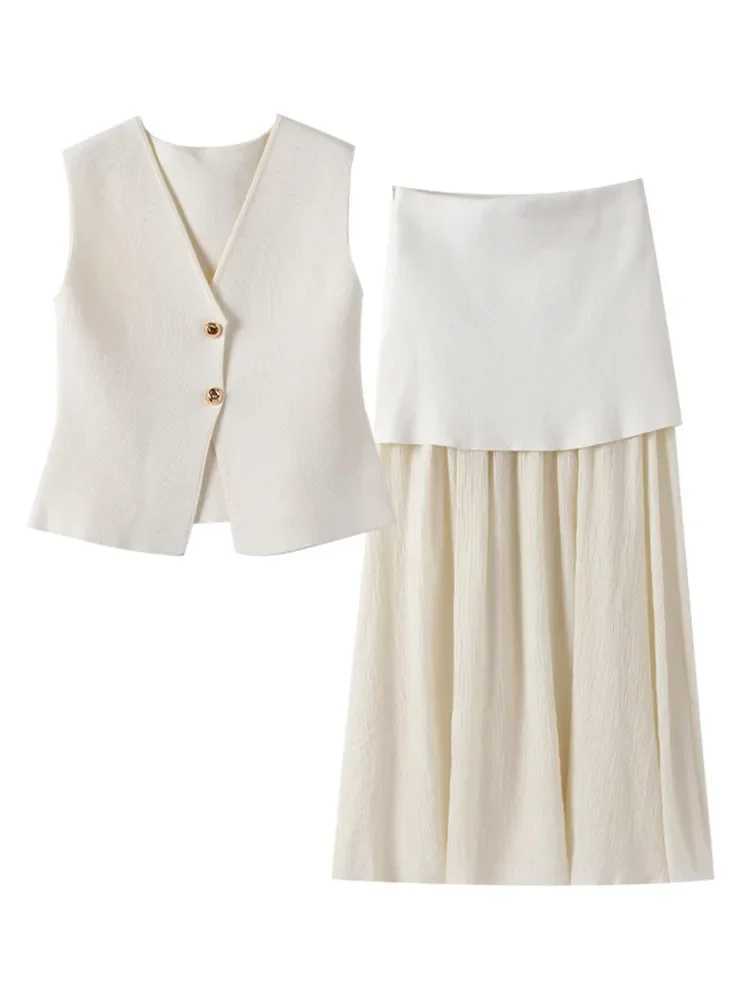 TR Womens Knitted Set Loose Skiing Set 2-piece 2024 Summer Button V-neck Tank Top Ankle Length Skiing Womens Street SetXJ250414