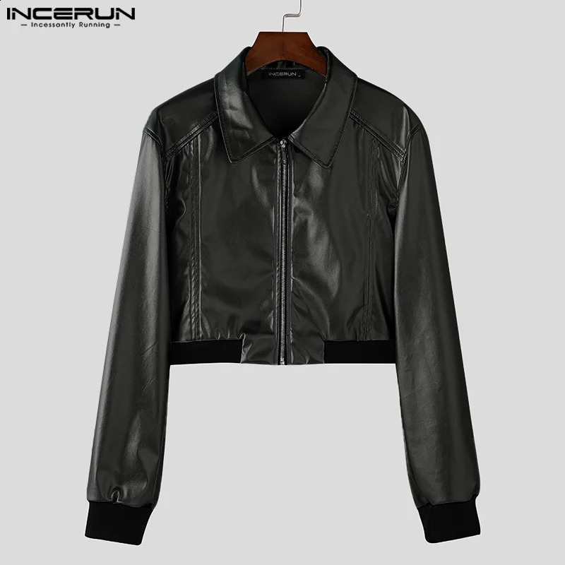 INCERUN Men Long Sleeve Solid Color Coats PU Leather Short Jackets Handsome Simple Lapel Collar Waistcoats Zipper Loose Tops 250409