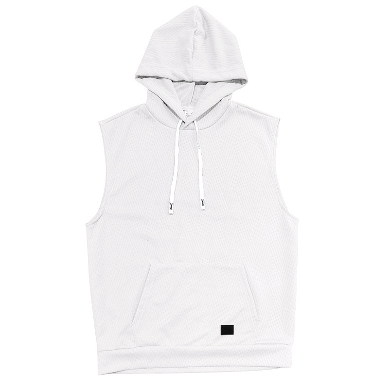 2025 men's casual European size summer jacquard knitted hooded sweatshirt sleeveless T-shirt patch pocket drawstring vest
