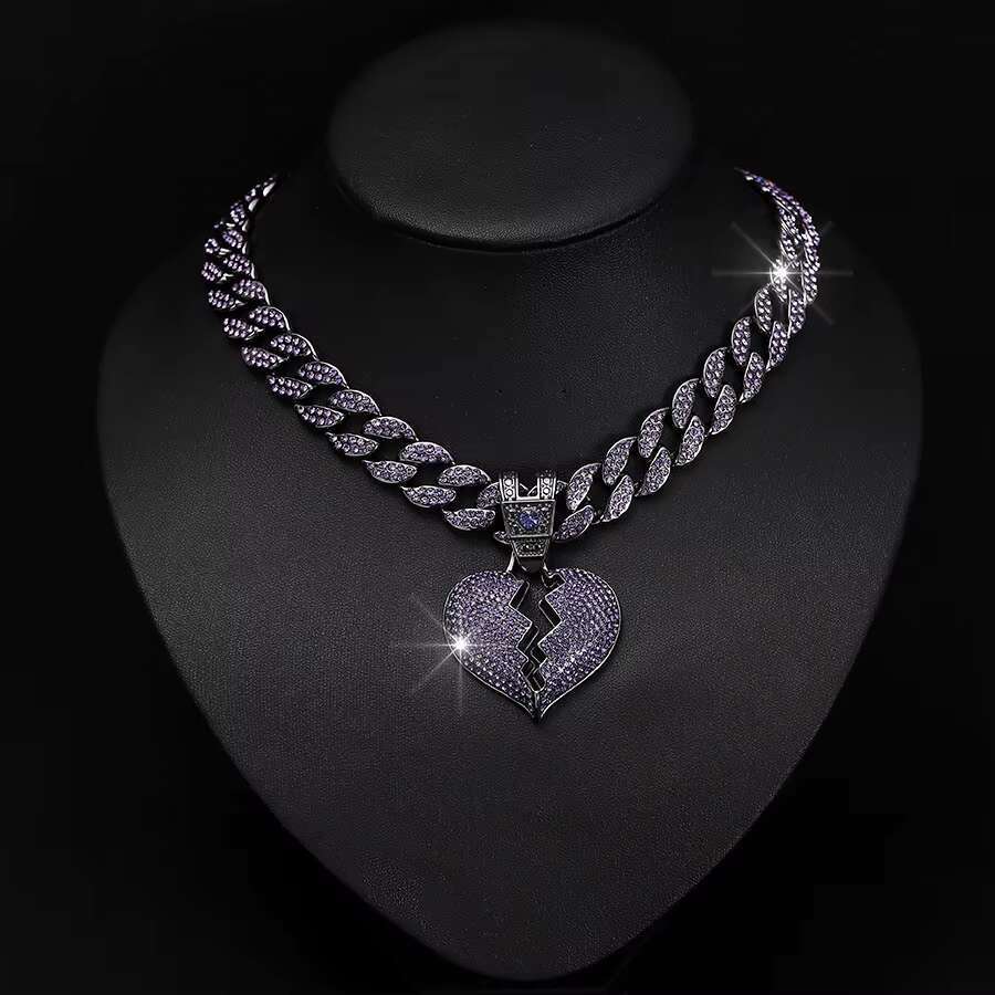 DHCollections Unisex Hip Hop Heart Break Pendant Necklace Punk Style with Dia Pearl Zircon Stainless Steel & Zinc Alloy Chains for Gift
