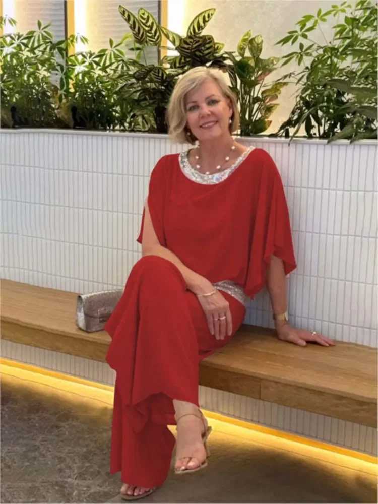 Summer fashion new Ele womens chiffon set round neck sequin color bat shirt wide leg pants set fashion two-piece setXJ250414