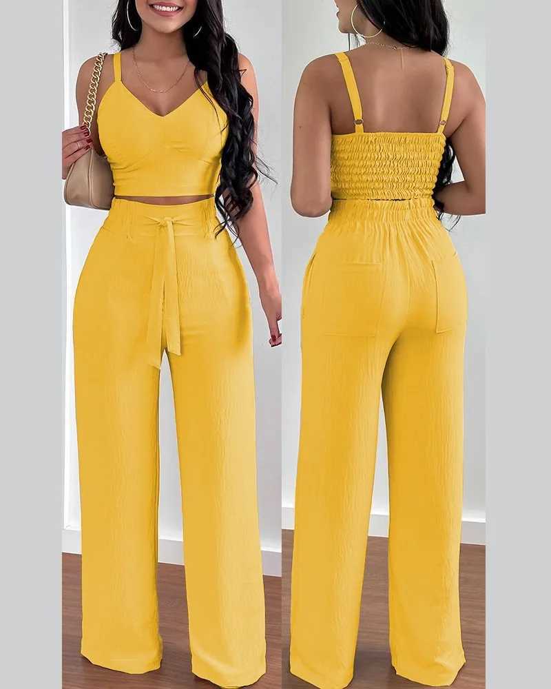 2-piece womens 2025 sexy V-neck shoulder strap shirt ultra-thin crop top and lace wide leg pants set Ele Office womens setXJ250414