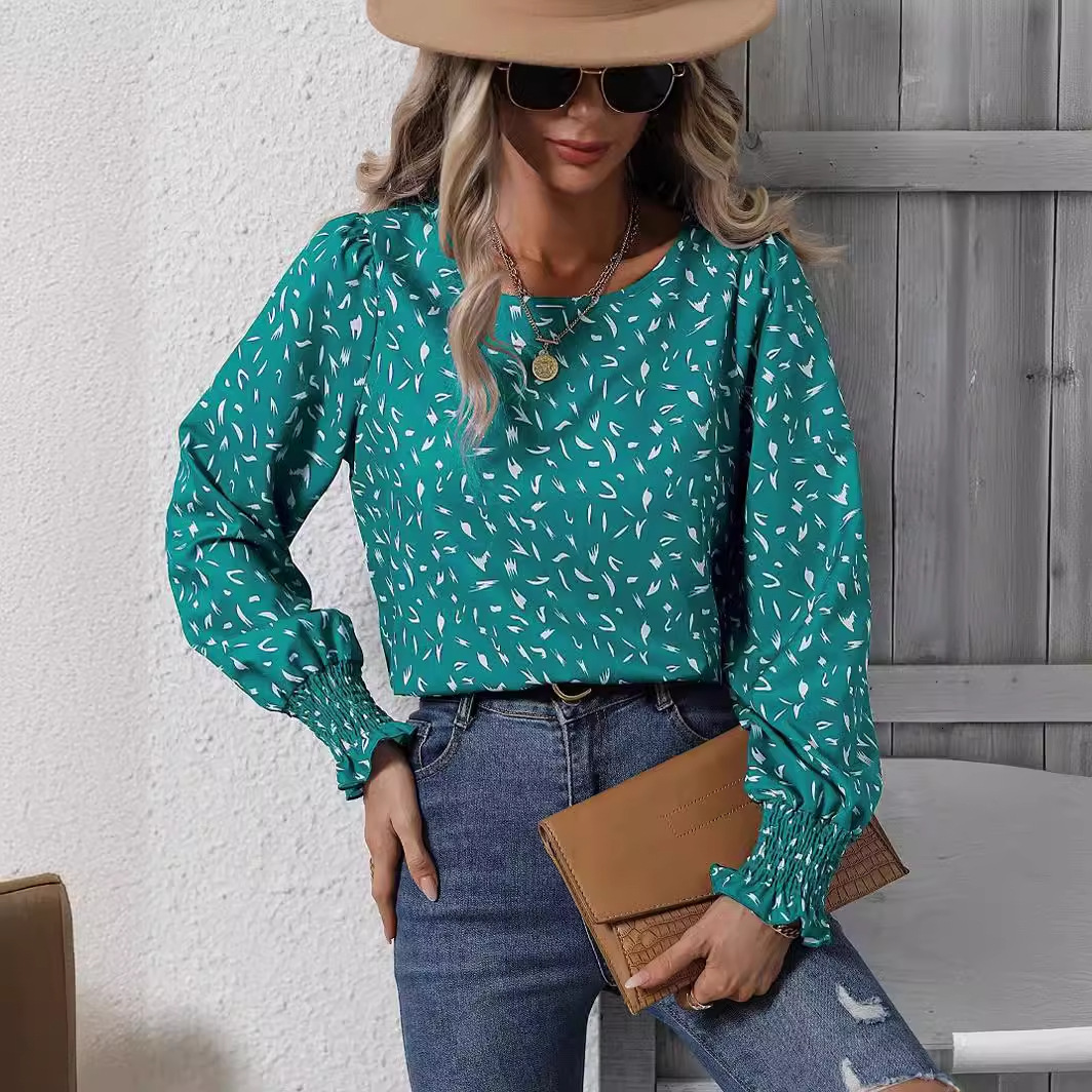 2025 round neck bubble sleeves leopard print chiffon shirt commuter top for women