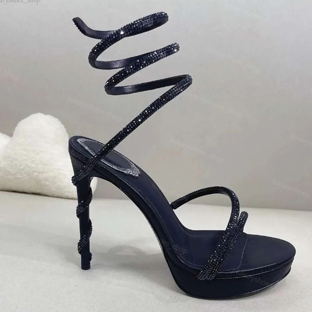 Sandals Waterproof Platform Heel Women Rhinestone Decoration Snake Wrapped Ankle Strap Leather Open Toe Classic Designer Wedding Shoes