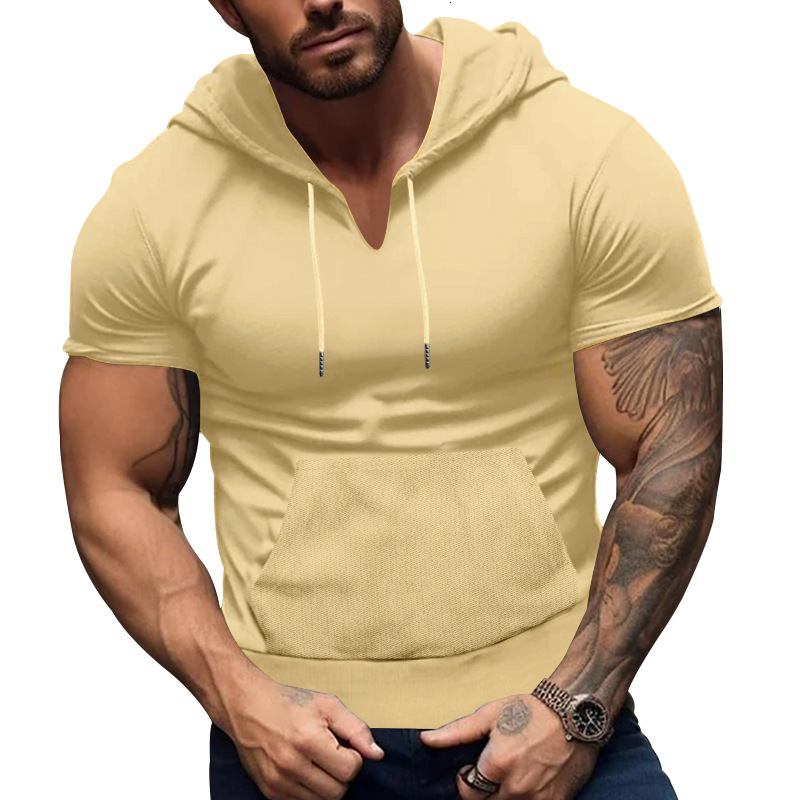 2025 Sports and Fitness Short sleeved T-shirt Men's Hoodie Sticked Pocket Fit Top