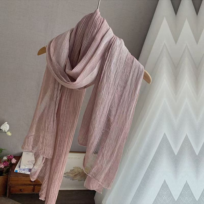 T473 new long cotton and linen scarf spring autumn winter pure color silk splicing shawl pleated female literary neck collar