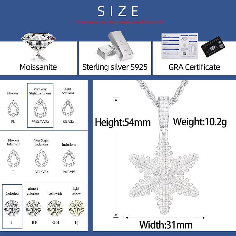 Hot Popular Christmas Day Present 925 Solid Silver Gra Certified Moissanite Snowflake Pendant Luxury Jewelry