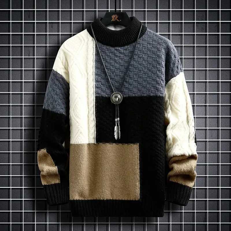 Fashion Mens Warm Knitted Sweaters Patchwork O Neck Knit Pullovers Autumn Winter Korean Streetwear Pullover Casual Mens ClothingW251114