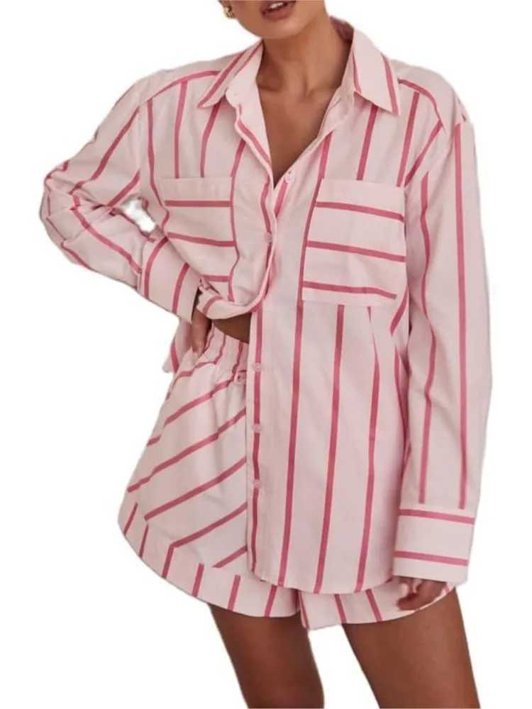 Fashion striped printed two-piece long Sve button up shirt+shorts set for womens Ele Suit 2025 Spring and Summer SetXJ250414