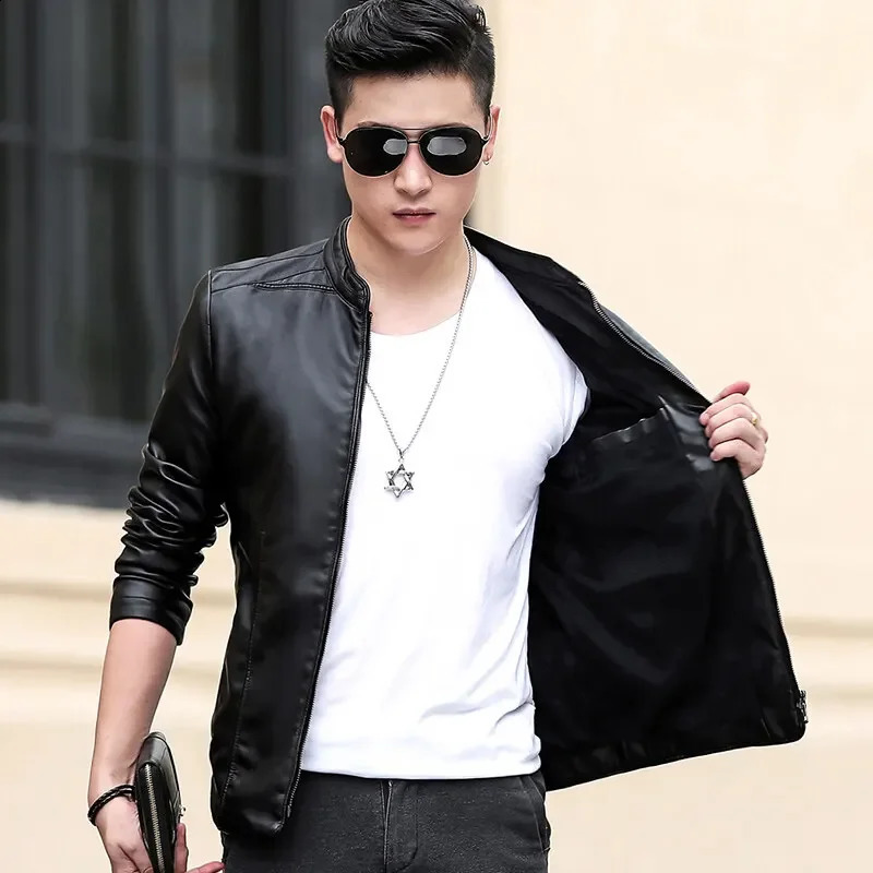 Fashion Solid Stand Collar Outwear Trendy Windproof Coat Streetwear Jackets Solid Color Casual Mens Motorcycle Leather Jacket 250409