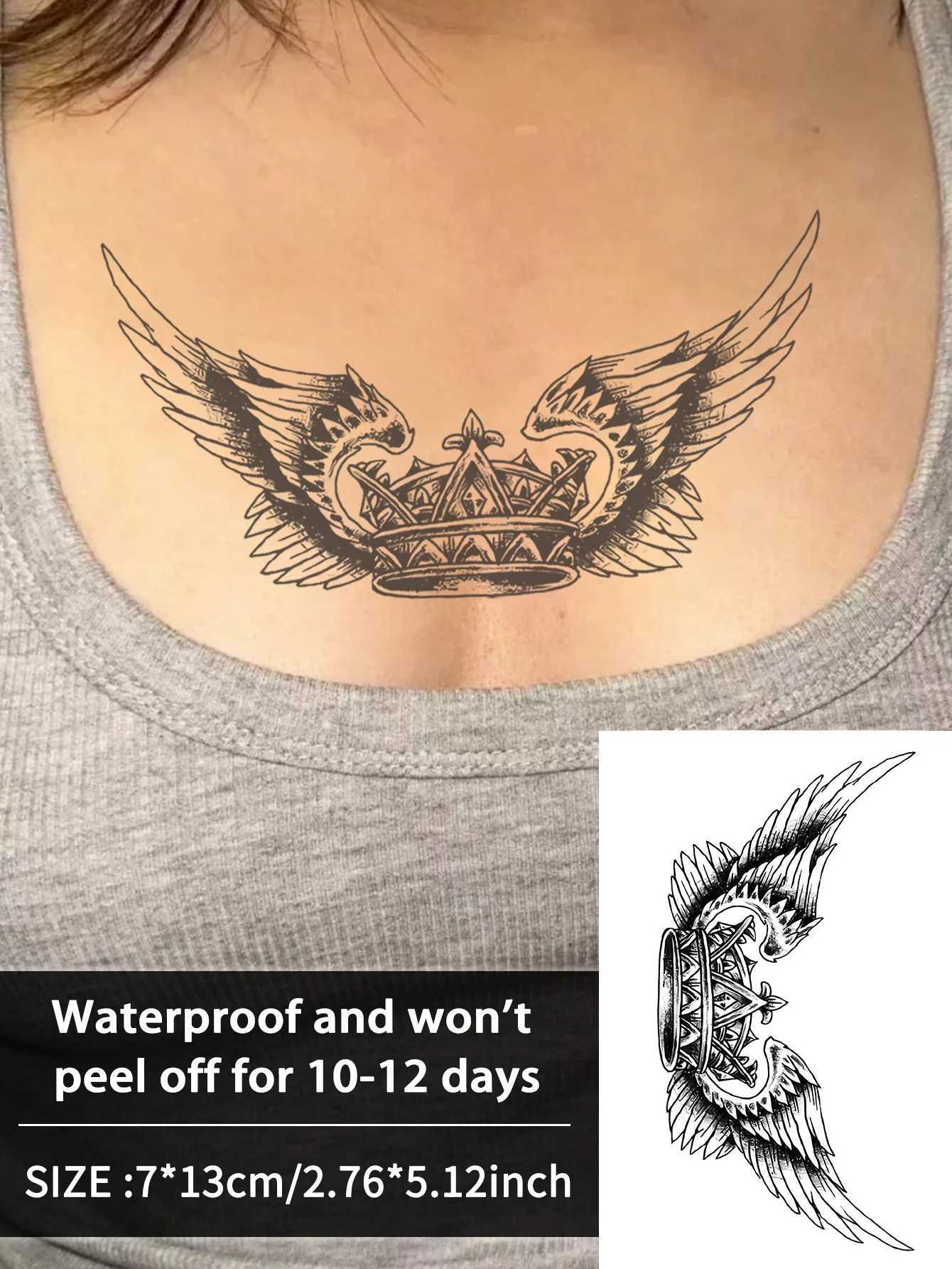 Angel wings and crown collar waterproof temporary tattoo sticker lasting 1-2 weeks real semi permanent fake tattooXJ25414