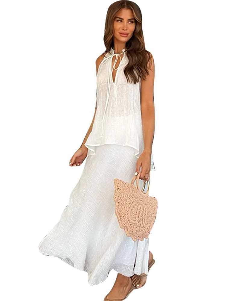 Fashion Womens Lace Top Dress Sleeveless O-neck Womens Set 2025 Spring/Summer Ele Beach 2-piece Set Womens SetXJ250414