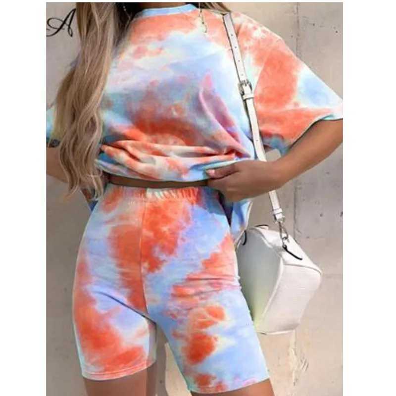 Tie dye printing two-piece set womens basic T-shirt shorts casual clothing lounge clothing fashion comparison jogging setXJ250414
