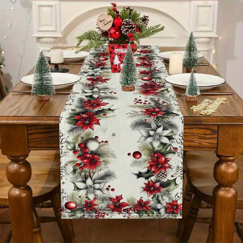 Christmas 1pc Cozy Gingerbread Christmas Table Flag with Red Poinsettia Vase for Family Gatherings and Festive Parties Y251113