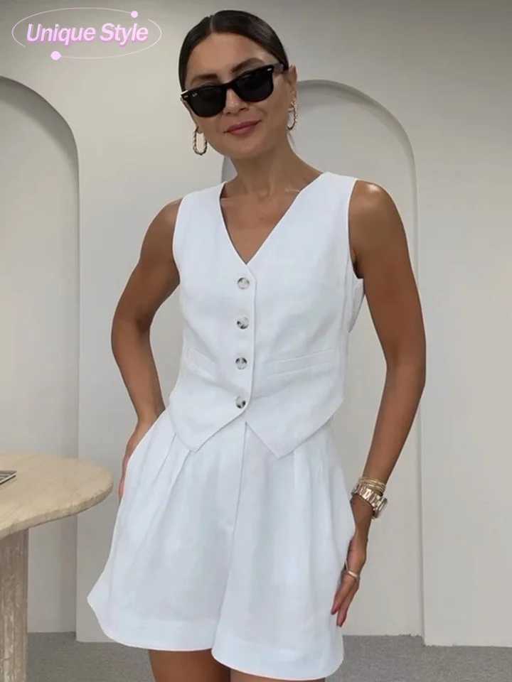 Fashion cotton linen set waist suit womens casual sleeveless vest shorts 2-piece set 2025 spring Fe loose travel suitXJ250414