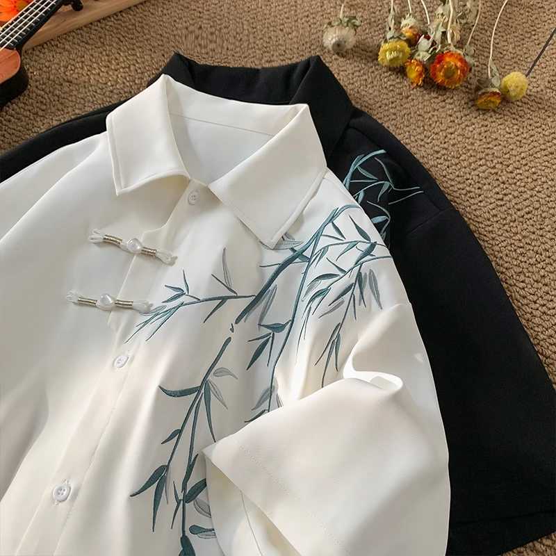 2024 Mens Short sleeved Embroidered Shirt Asian Style Trend White Black Shirt Summer Casual Button Down Shirt W250414