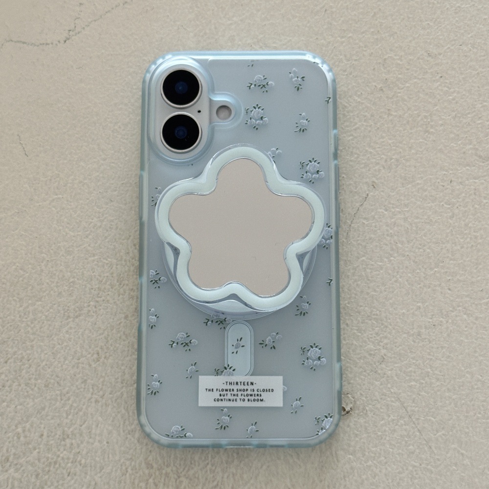 Spring Blue Crushed Flower Phone Case Compatible with iPhone 16/15 Pro Niche Mirror Stand iPhone 14/13 Cartoon