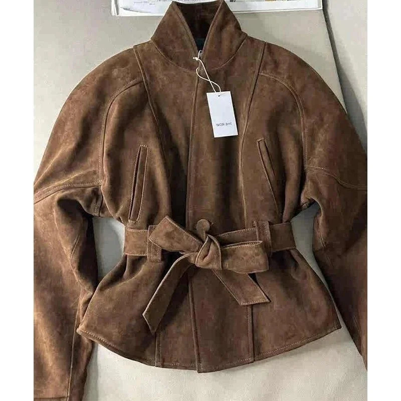 Womens Clothing Coffee Brown Suede Velvet Fitted Waist Short Jacket Korean Style Light Mature Style Windproof Trench Coat 251106