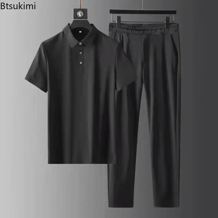 2025 Mens Fashion Solid Two-Piece Sets Casual Comfy Lapel T-shirtTrousers Sport Outfit Men Breathable High-Quality Tracksuits 250409