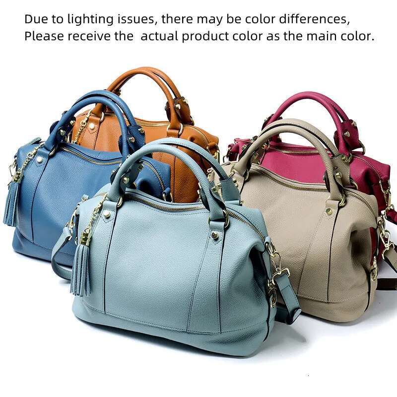 Women Genuine Leather Boston Handbag Fashion Tassel Design Shoulder Crossbody Bag Soft Cowhide Female Top-Handle Bags
