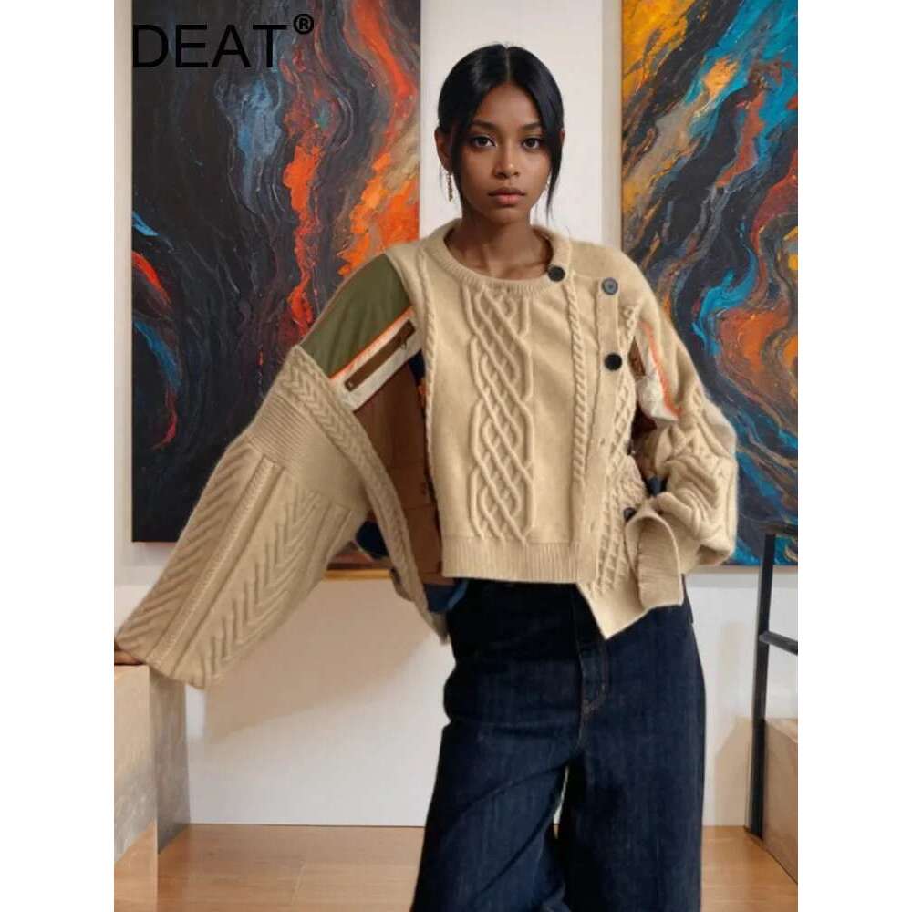 DEAT New Fashion Women's Irregular Patchwork Knitted Sweater 2024 Autumn Trendy Oblique Single Breasted Tops Female 33A2043