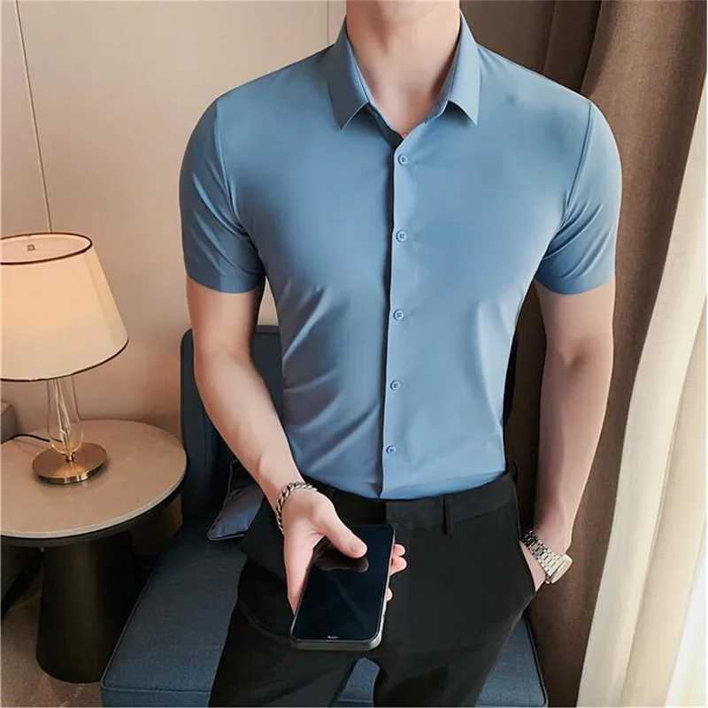 6-color high-quality new solid high elasticity seamless short sleeved mens slim fit casual business formal dress W250414