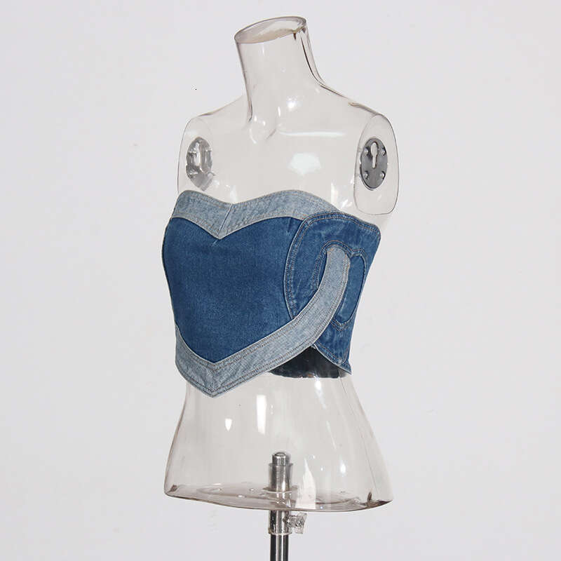 Designer Chic Women's Denim Strapless Vest - Spring 2025 Love Patchwork Detail & Slim Fit Cuteness