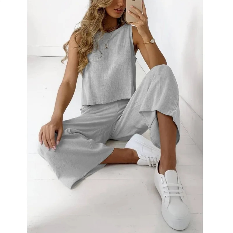 Simple Cotton Linen Womens Suits Summer Fashion Sleeveless Loose Blouse Wide Leg Pants Two Piece Set For Women Casual Outfits 250414
