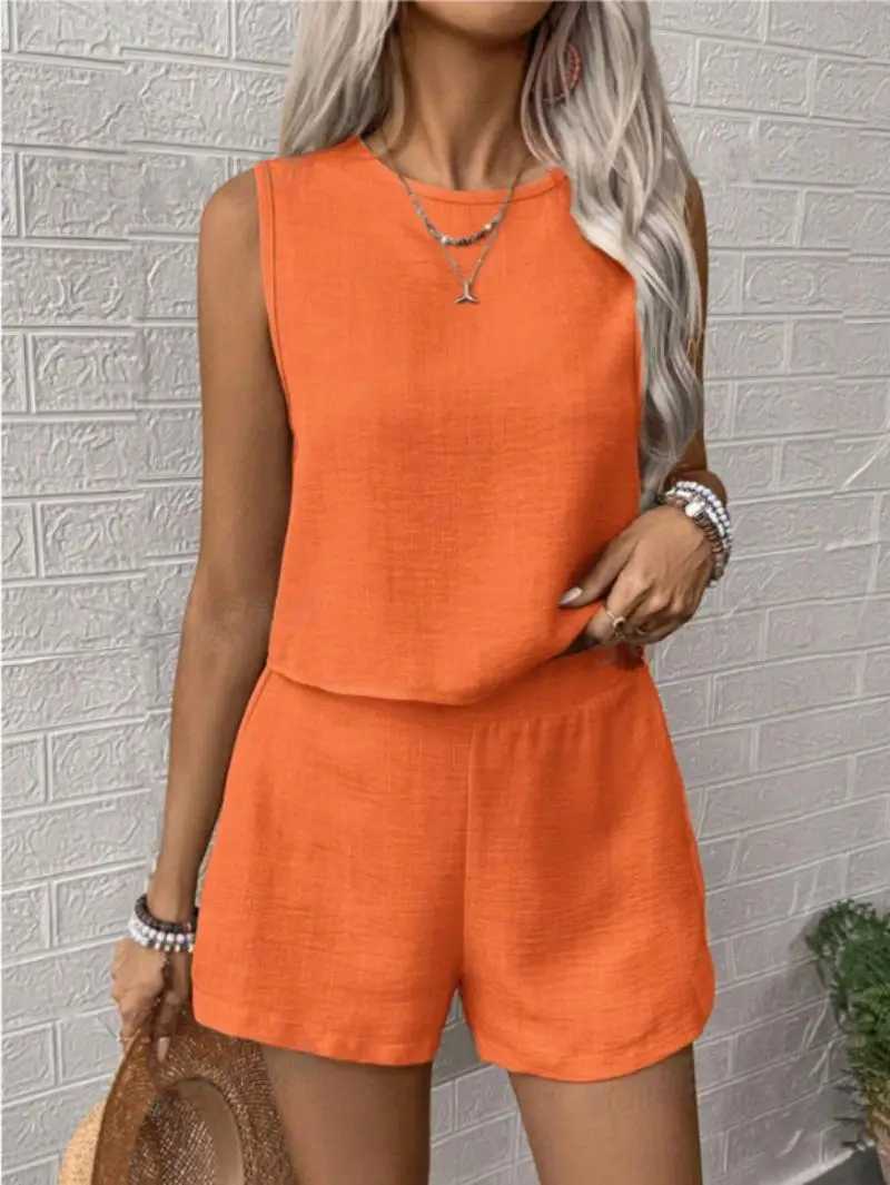 Womens sleeveless vest shorts set casual solid O-neck crop top with shorts two-piece set Ele loose summer womens clothingXJ250414