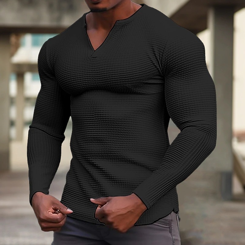 2025 Mens Waffle V-neck T-shirt Top for Vacation Long Sleeve Casual Fashion