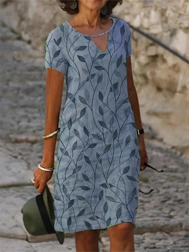 Plus Size 2024 Summer Womens Vneck Printed Pattern Dress Loose Zipper 250414Z