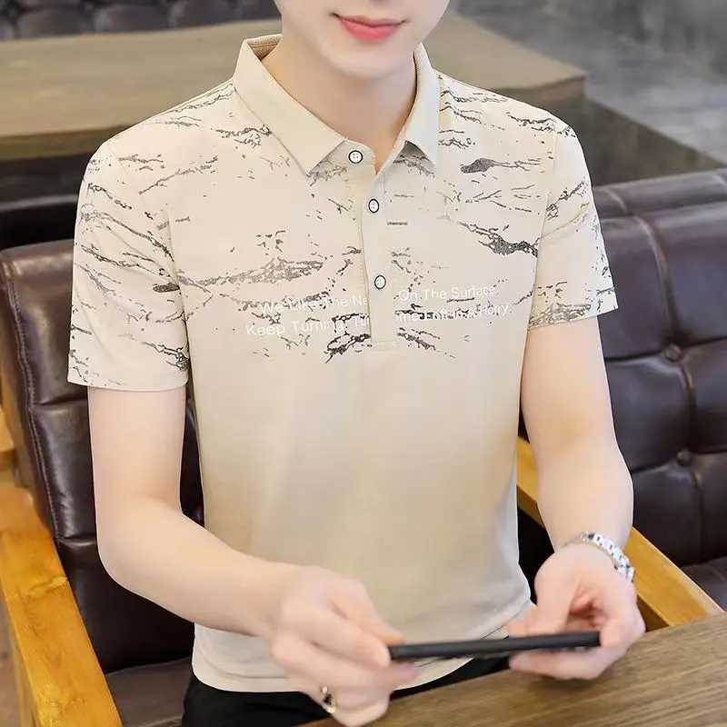 Fashion collar button printed letter short sleeved polo shirt for mens 2024 summer new loose Korean top casual T-shirt W250414