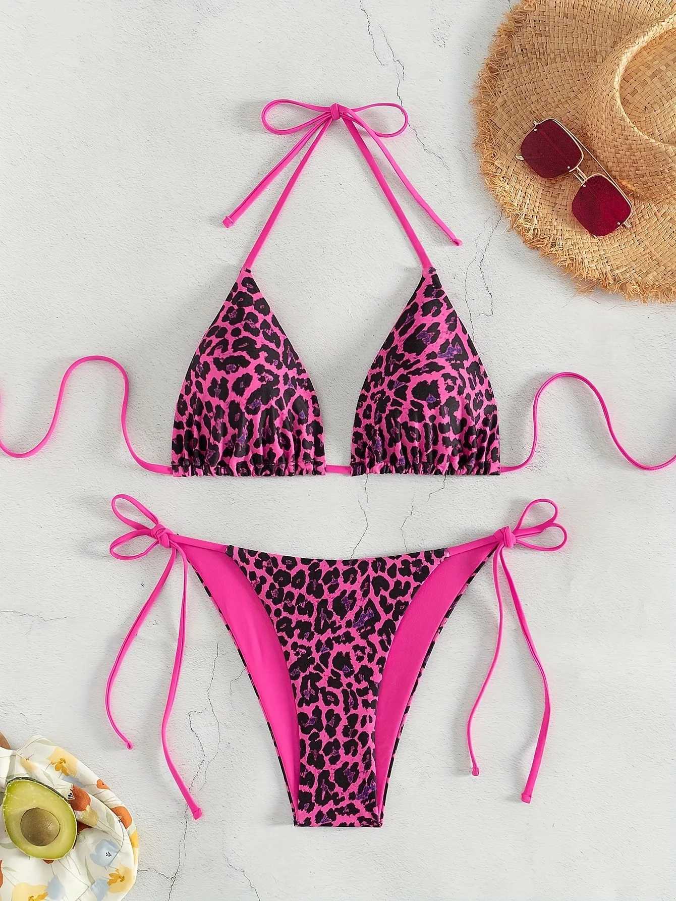 2025 Sexy Leopard Print Two Piece Swimsuit Set Triangle Bra Suspender Halter Backless Bikini Set Beach Vacation Lace-up SwimwearW251113