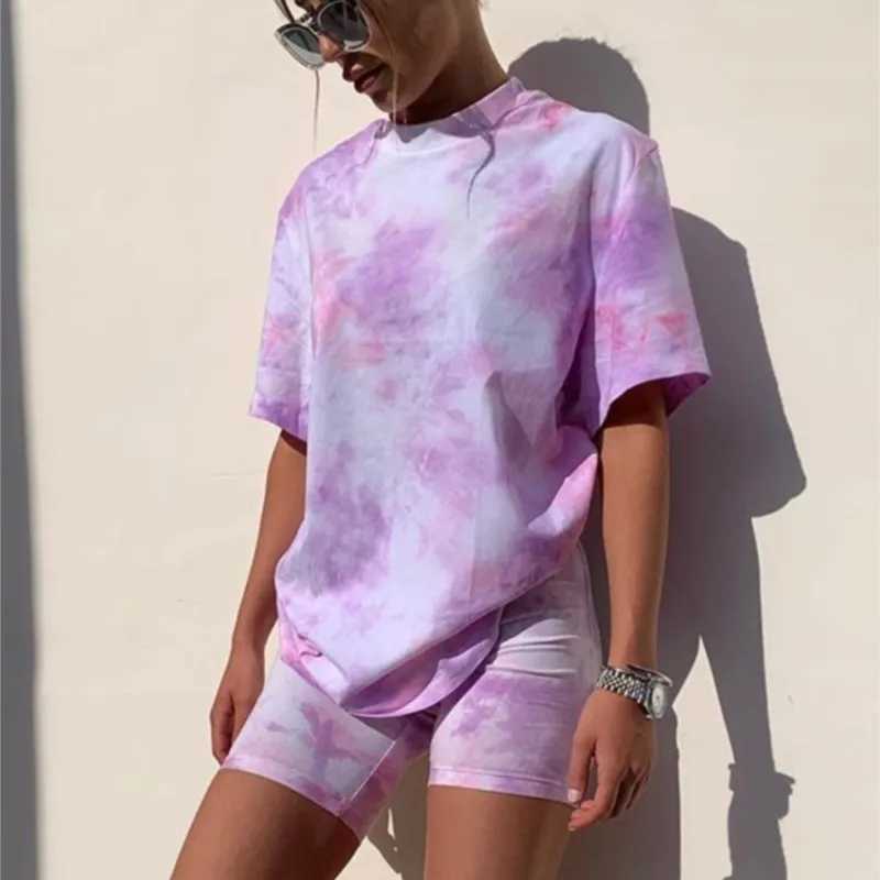 Tie dye printing two-piece set womens basic T-shirt shorts casual clothing lounge clothing fashion comparison jogging setXJ250414