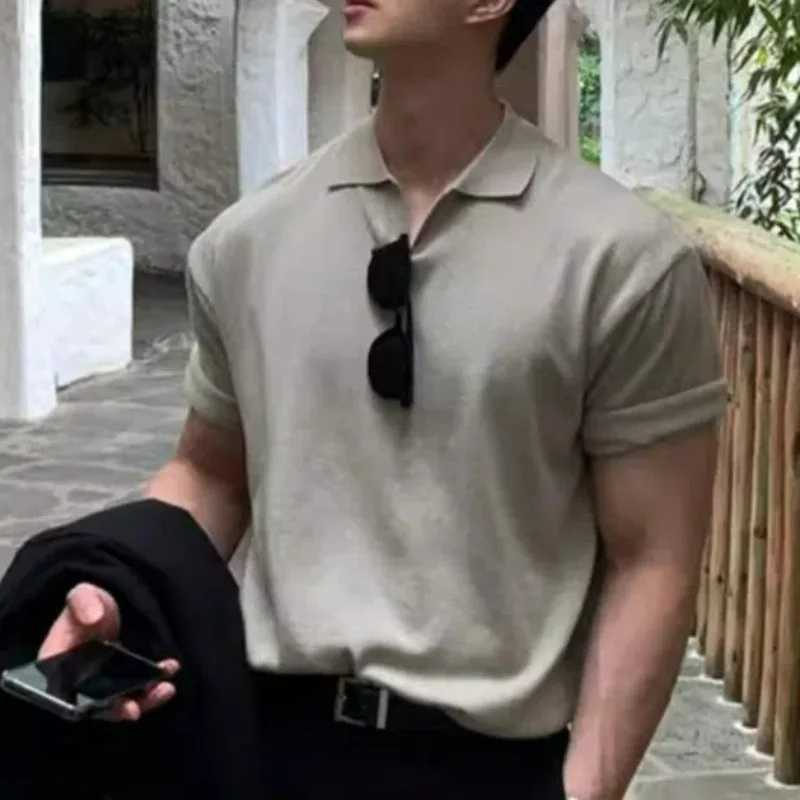 Mens summer fashion simple casual thin basic knitted polo shirt mens solid short sleeved ultra-thin breathable floral top W250414