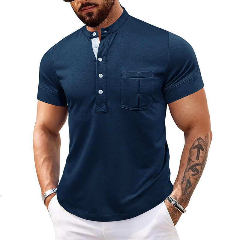 Mens short sleeved Henry shirt fitness tough guy mens T-shirt high-end cotton top summer