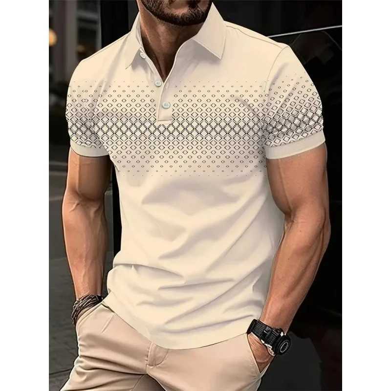3D printed mens simple geometric polo shirt with colorful graphics short sleeved T-shirt casual button top loose polo shirt W250414