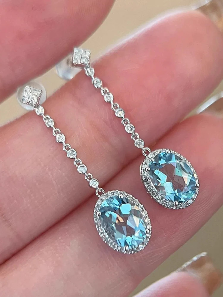 S925 sterling silver womens stud earrings oval Aqua blue zircon ear hanging jewelry for womens daily wear holiday party gifts 250409