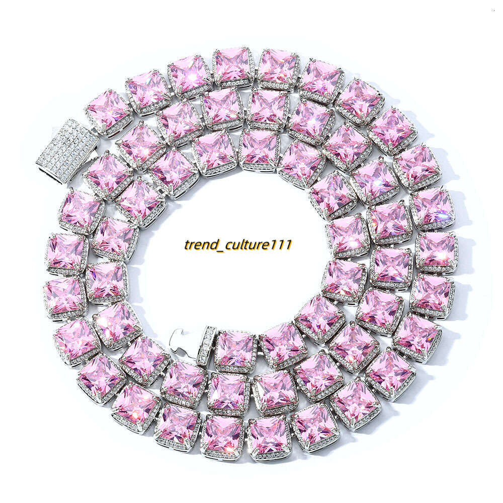 Hip hop 10mm square pink Moissanite rock sugar necklace, accessories, high-end men's necklace