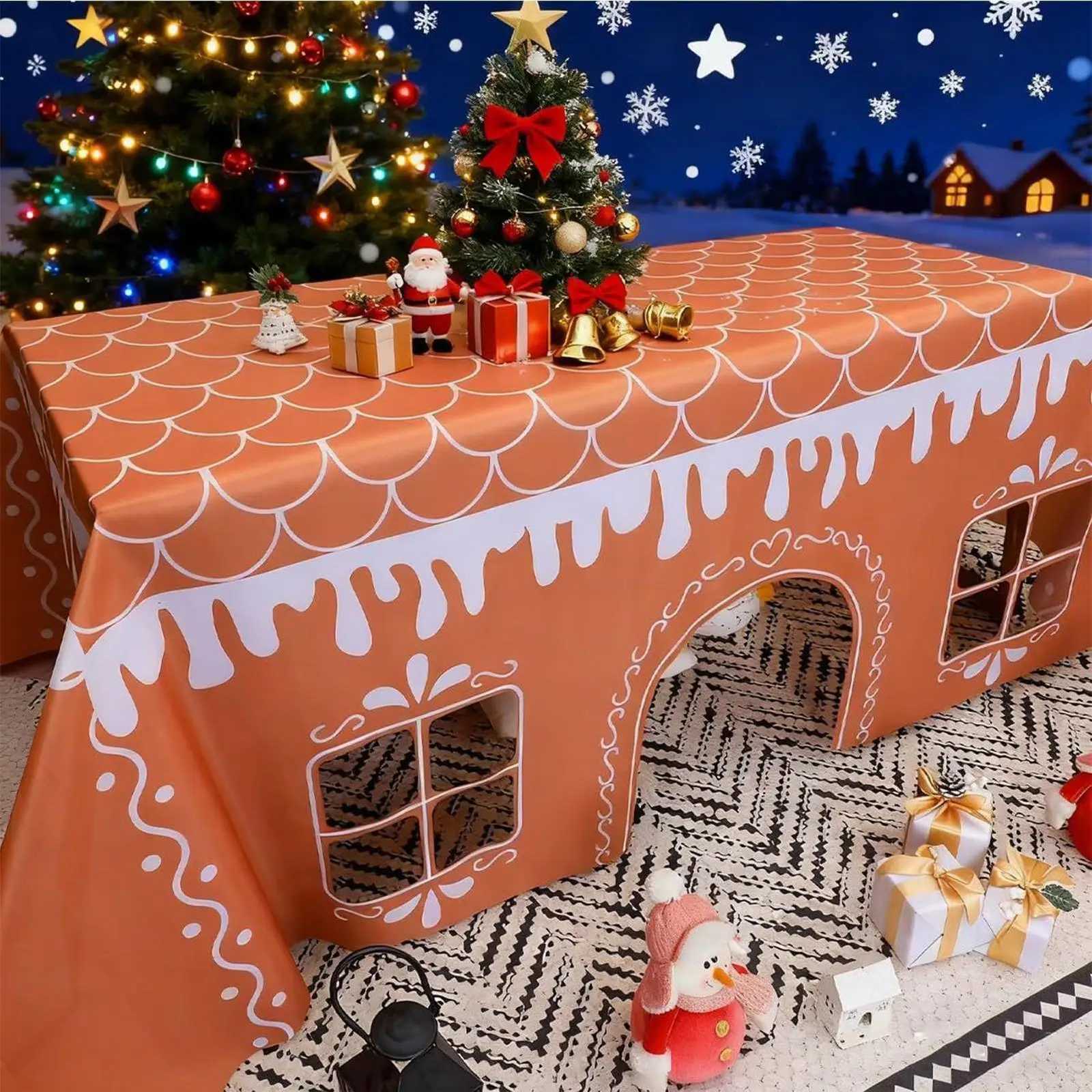 Christmas Tablecloth Christmas Gingerbread House Tablecloth Open Tent With Festive Village Playhouse Design For Gingerbread Party Decor Y251113