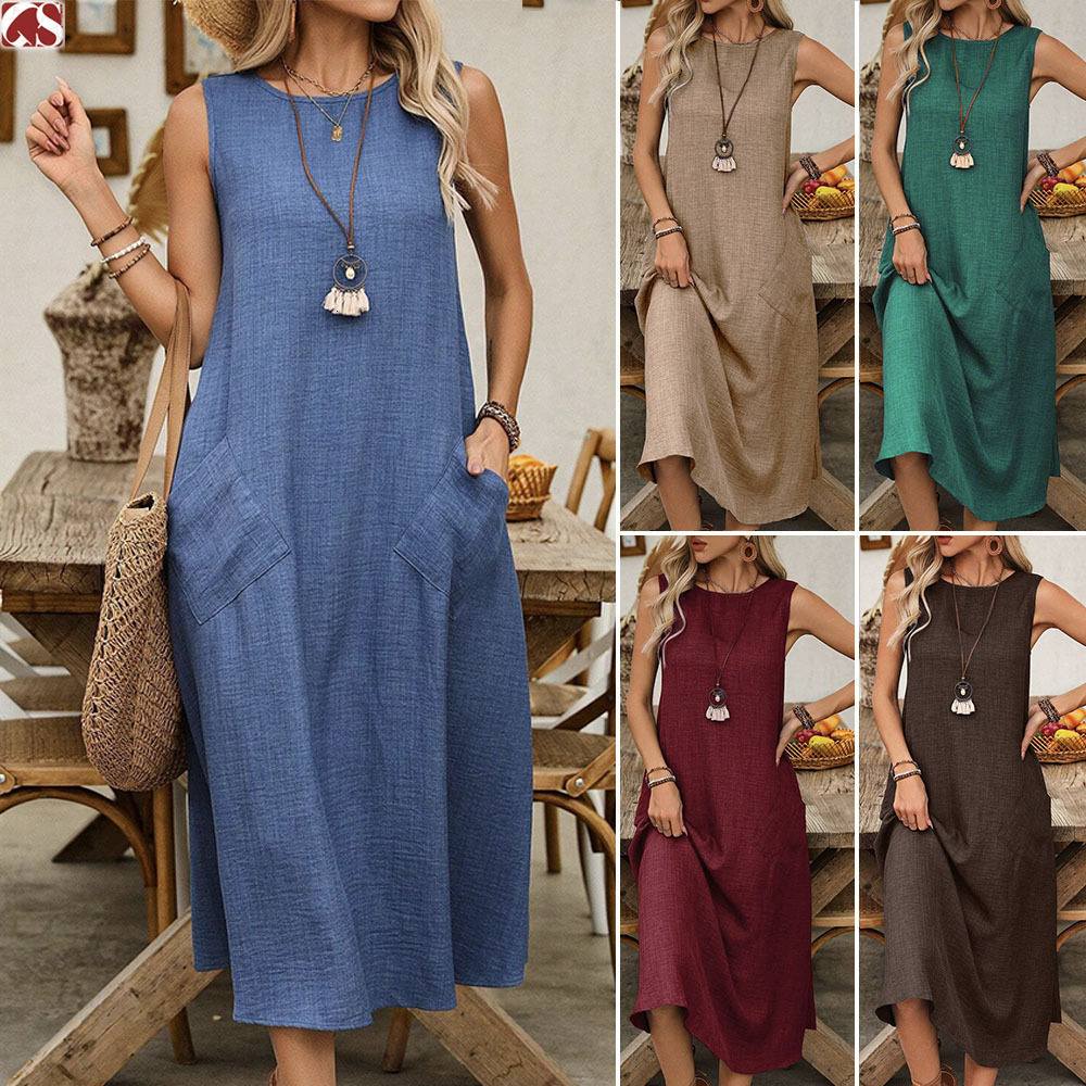 Women's clothing 2025 spring/summer pullover round neck sleeveless pocket long skirt casual loose dress