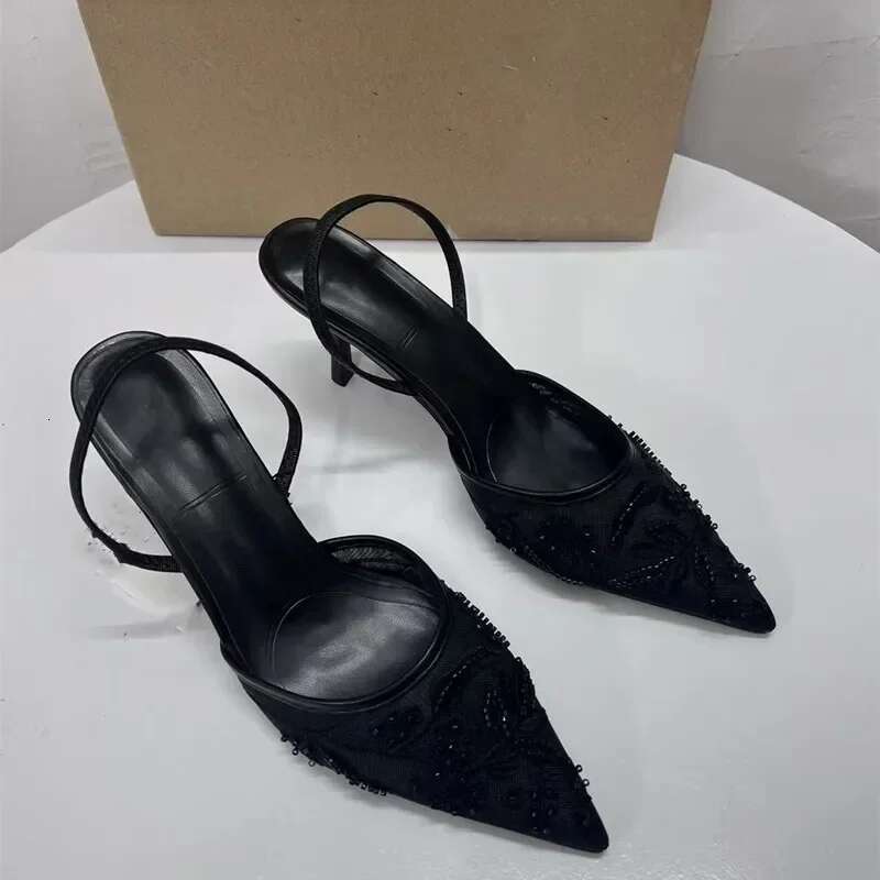 2025 New Black Woman Embroidered Mesh Open Heel Shoes Fashion Print Stiletto Women High-heel Pumps Sexy Pointed End Sandals