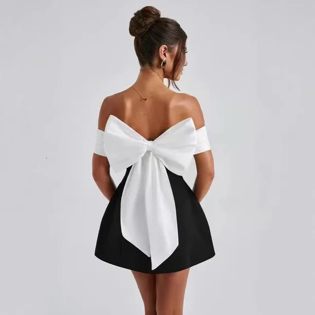Elegant shoulder off mini womens clothing classic black and white 2024 autumn winter item waist fitting bow n 250414