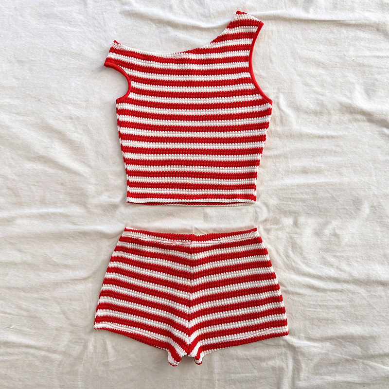 Womens clothing 2025 summer new vacation style striped vest hip hugging short set for women
